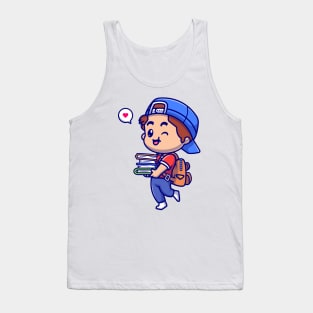 Cute Boy Going To School And Bring Books Cartoon Tank Top